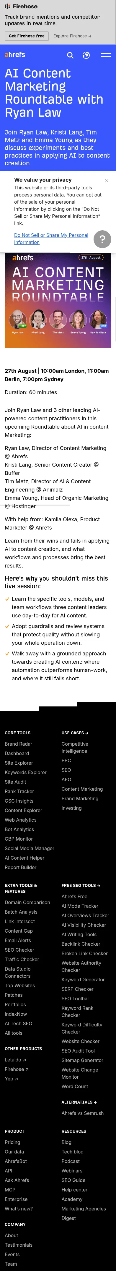 ahrefs.com/webinars/ai-content-roundtable on mobile, full screenshot