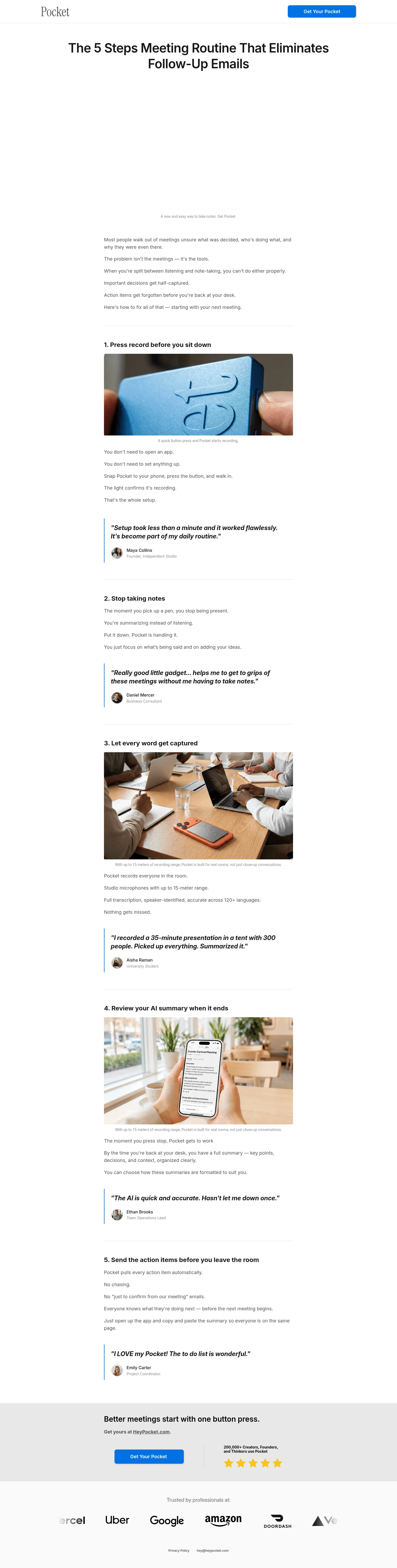 heypocket.com/pages/5-steps-to-improve-meetings-v2 on desktop