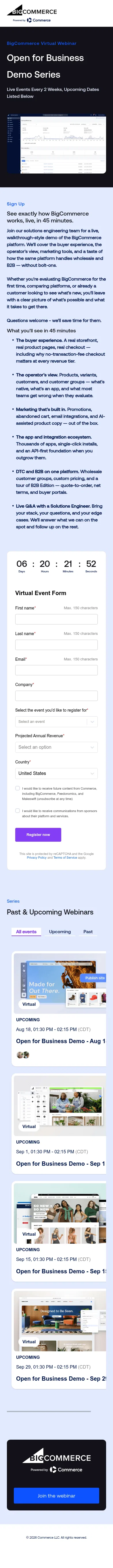events.bigcommerce.com/open-for-business-demo-series on mobile, full screenshot