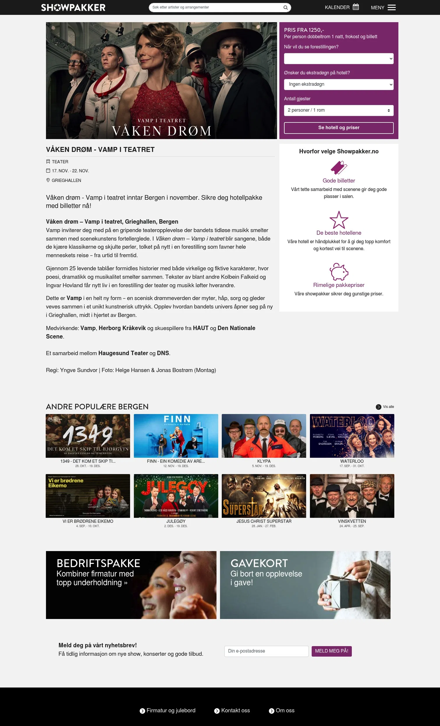 showpakker.no/bergen/teater/vaaken-droem-vamp-i-teatret-hotellpakke-med-billetter on desktop, full screenshot