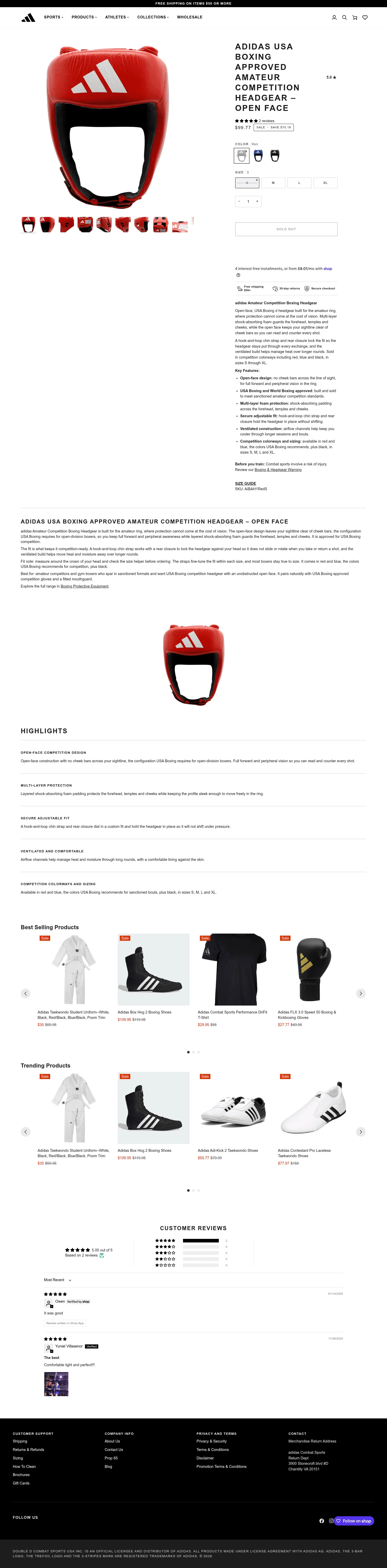 us.adidascombatsports.com/products/adidas-amateur-competition-boxing-headgear on desktop, full screenshot