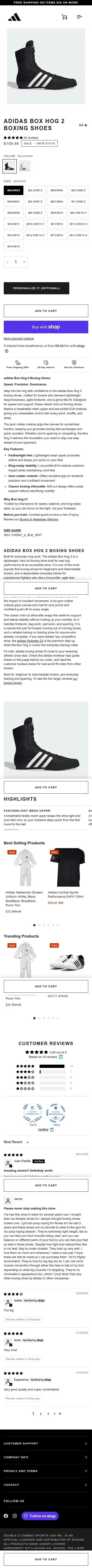 us.adidascombatsports.com/products/adidas-box-hog-2-boxing-shoes on mobile, full screenshot