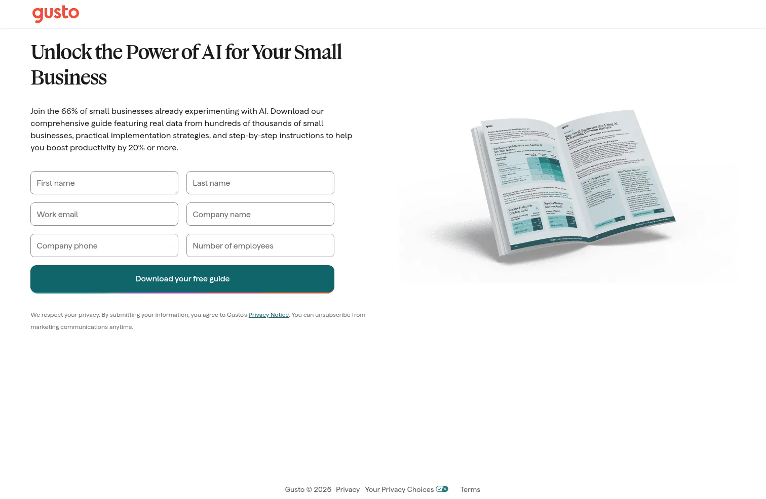 gusto.com/go/ai-for-small-business on desktop, full screenshot