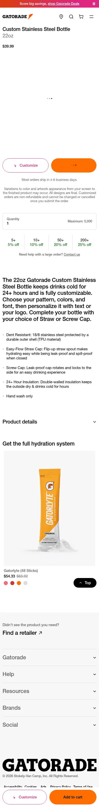 gatorade.com/bottles/custom-stainless-steel-bottle/customizable-black-base-black-straw-cap on mobile, full screenshot