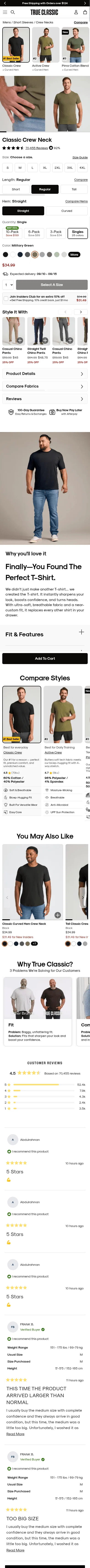 trueclassictees.com/products/military-green-crew-neck-tee on mobile, full screenshot