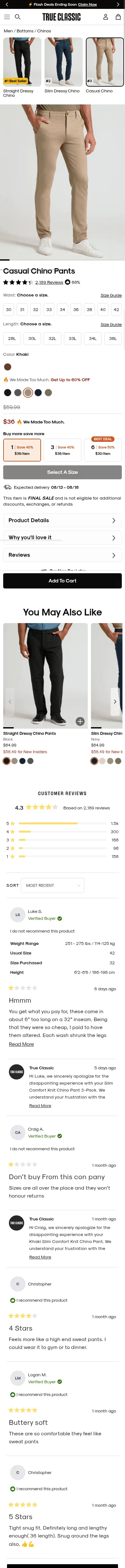 trueclassictees.com/products/khaki-comfort-chino-pants on mobile, full screenshot