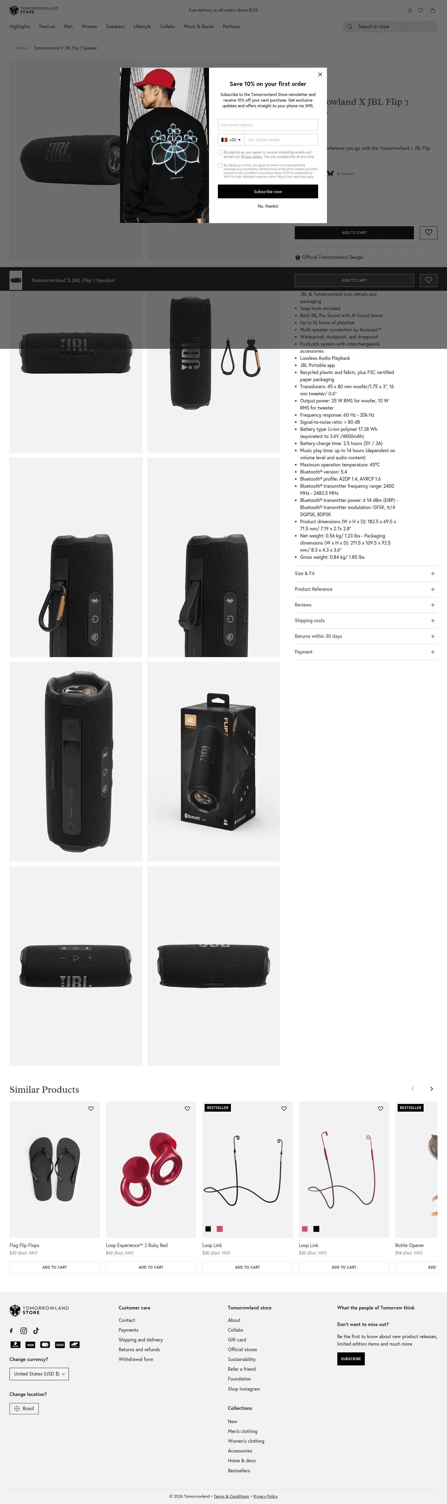 store.tomorrowland.com/products/tomorrowland-x-jbl-flip-7-speaker-black on desktop, full screenshot