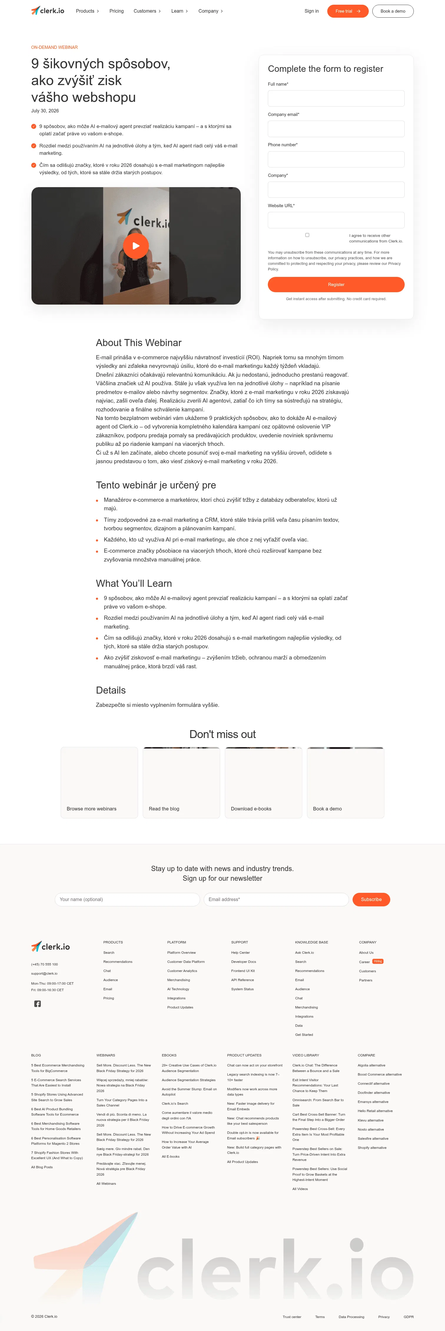 clerk.io/webinar/9-sikovnych-sposobov-ako-zvysit-zisk-vasho-webshopu on desktop, full screenshot