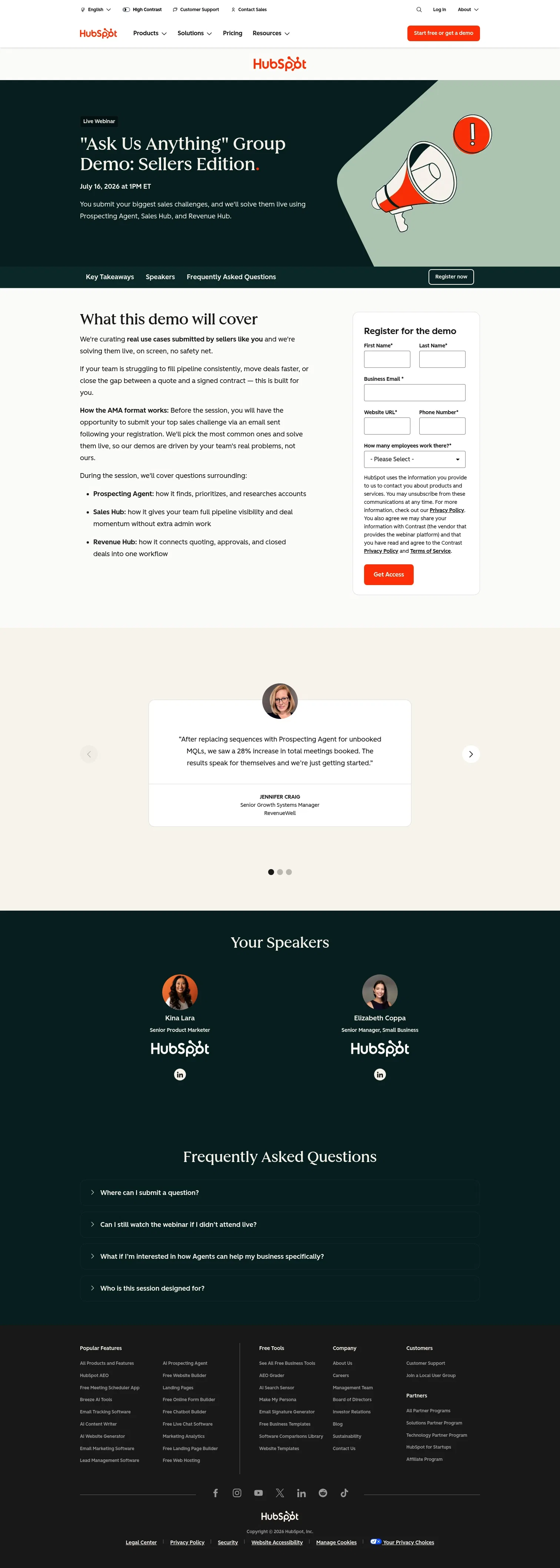 offers.hubspot.com/ask-us-anything-group-demo-sellers-edition on desktop, full screenshot