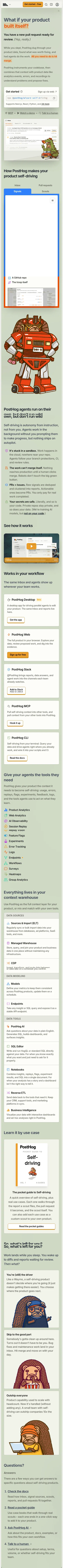 posthog.com/self-driving on mobile, full screenshot