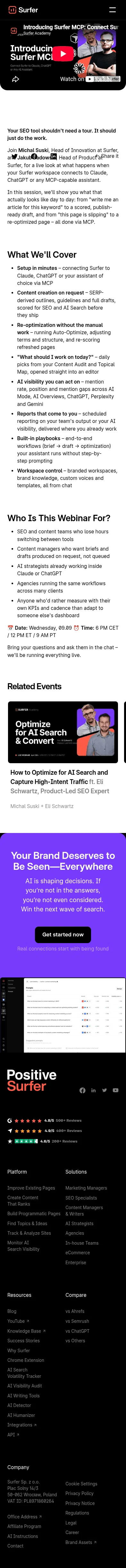 surferseo.com/events/introducing-surfer-mcp on mobile, full screenshot