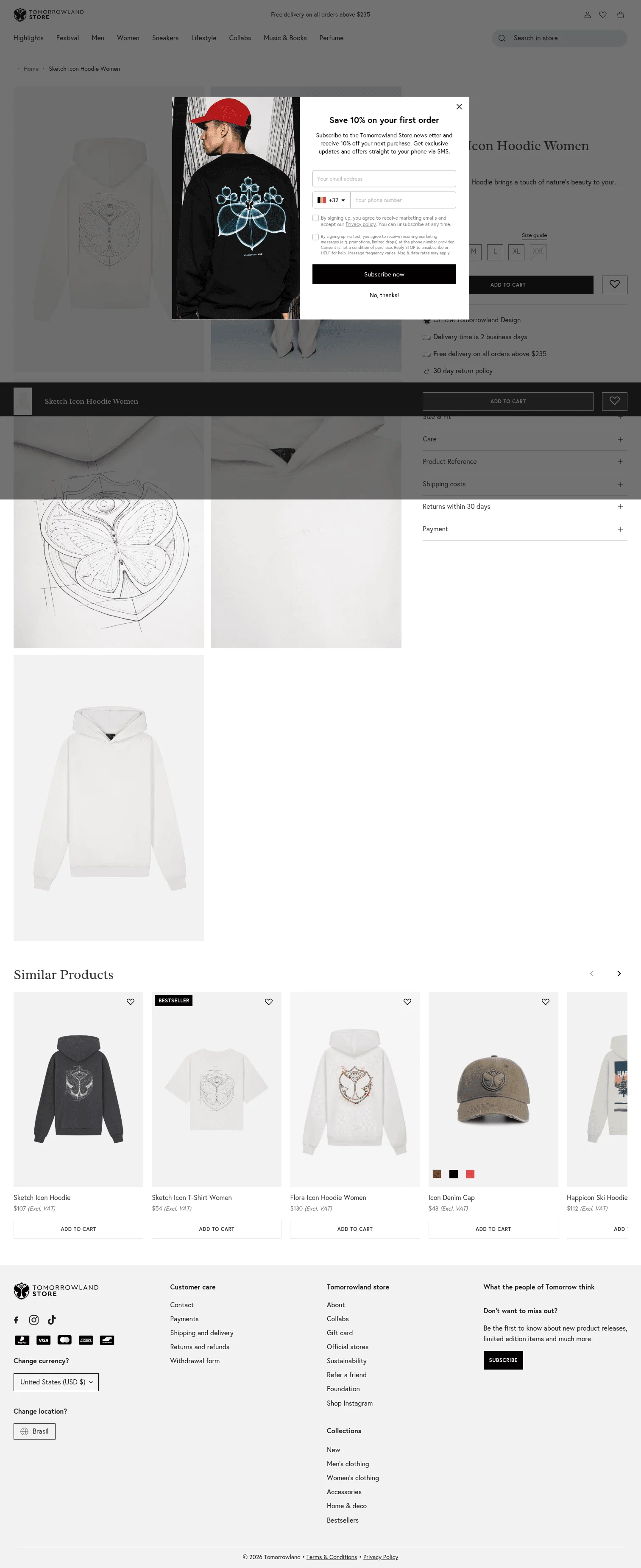 store.tomorrowland.com/products/sketch-icon-hoodie-women-white on desktop
