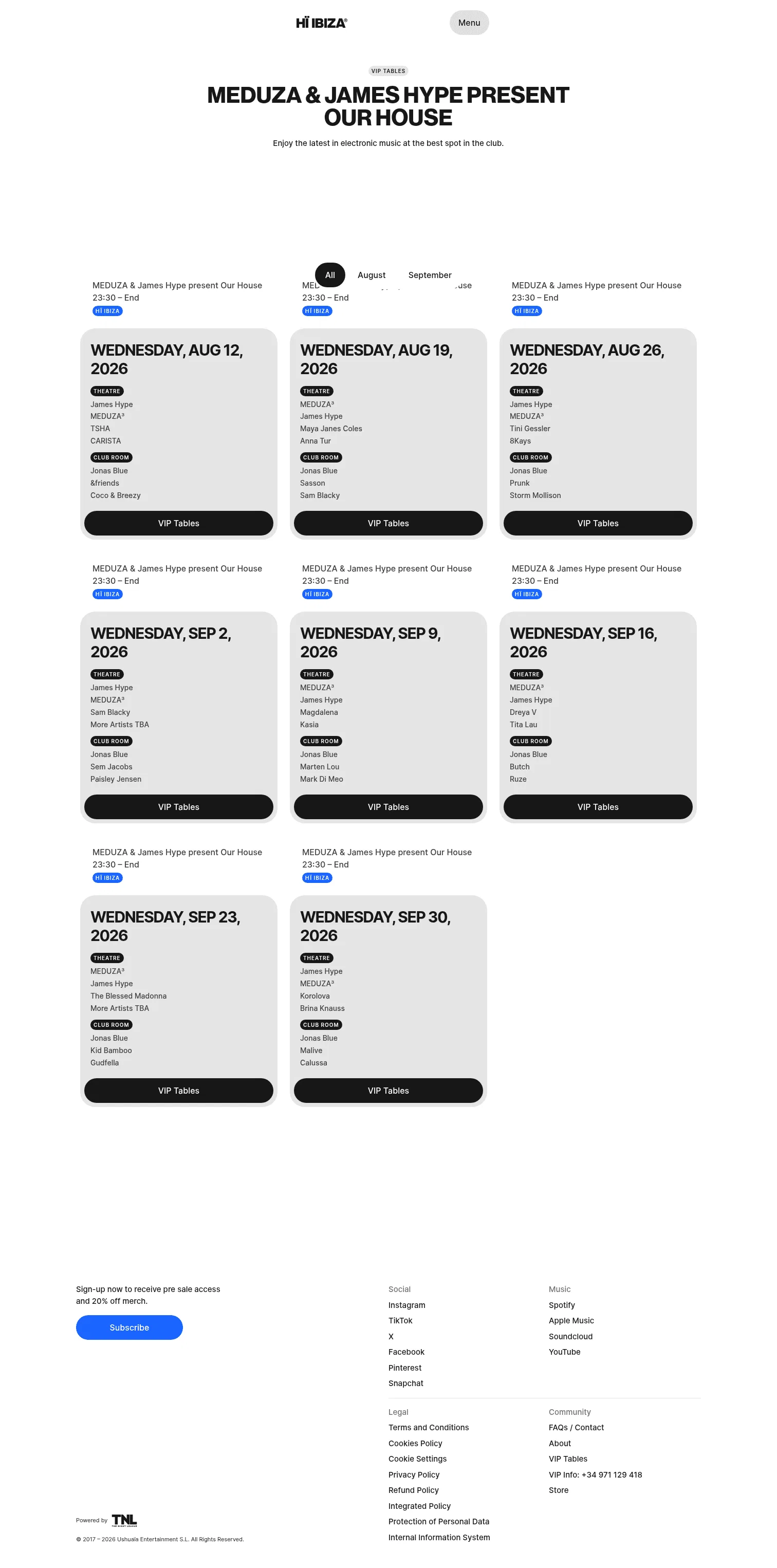 hiibiza.com/events/2026/our-house/vip-tables on desktop, full screenshot