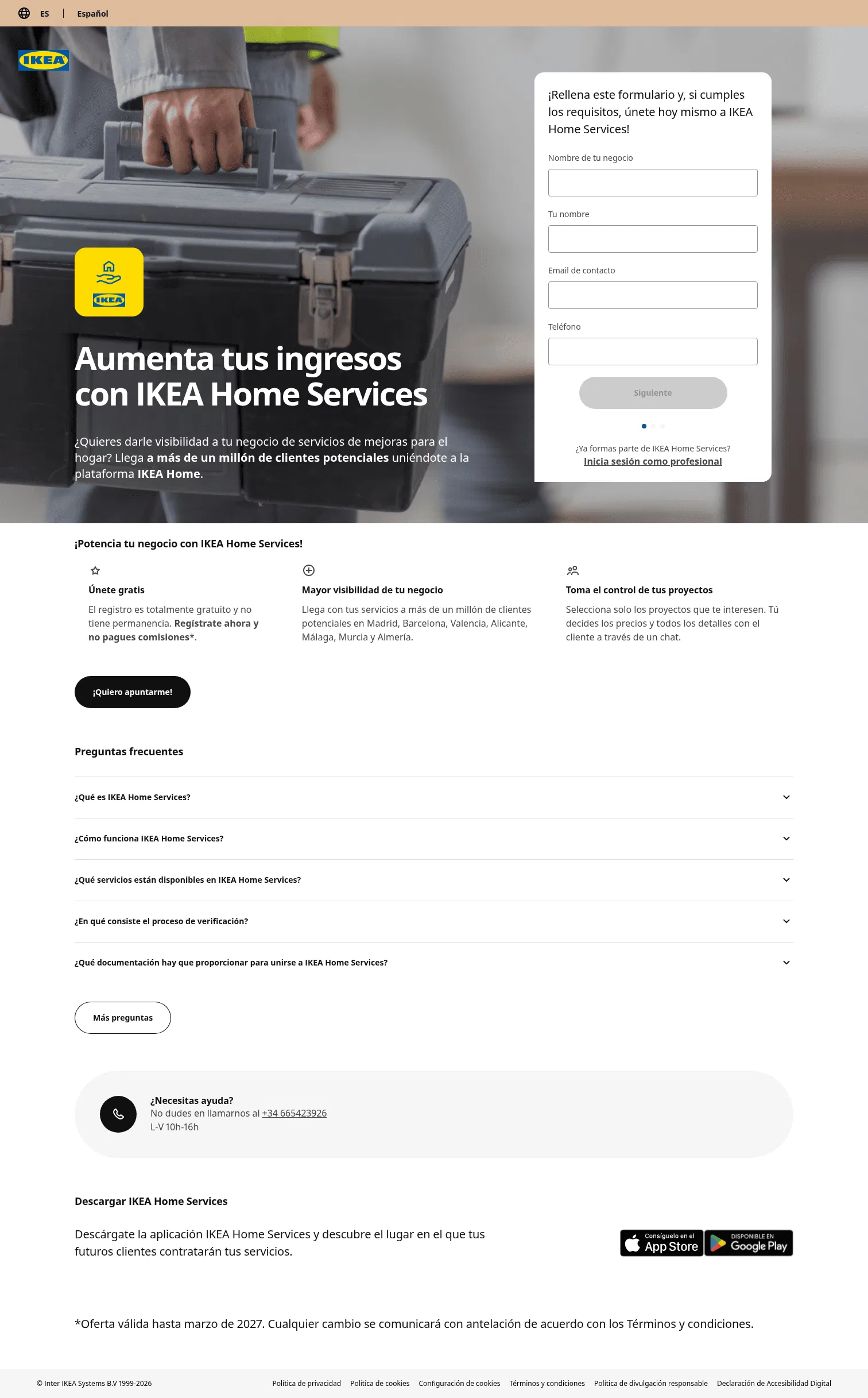 home-services.ikea.com/es/es/professionals on desktop, full screenshot
