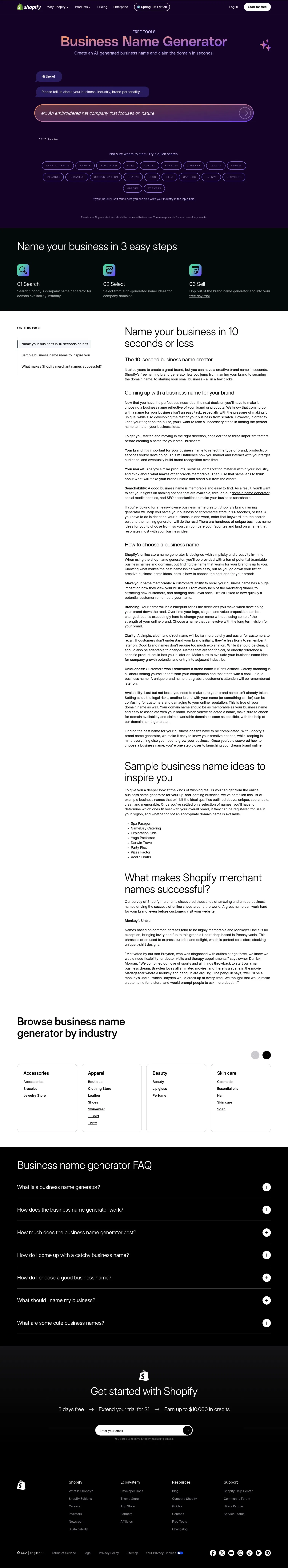 shopify.com/de/tools/firmennamen-generator on desktop, full screenshot