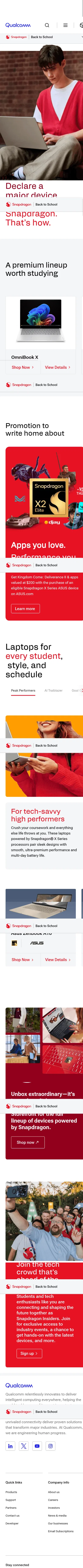 qualcomm.com/snapdragon/back-to-school on mobile, full screenshot