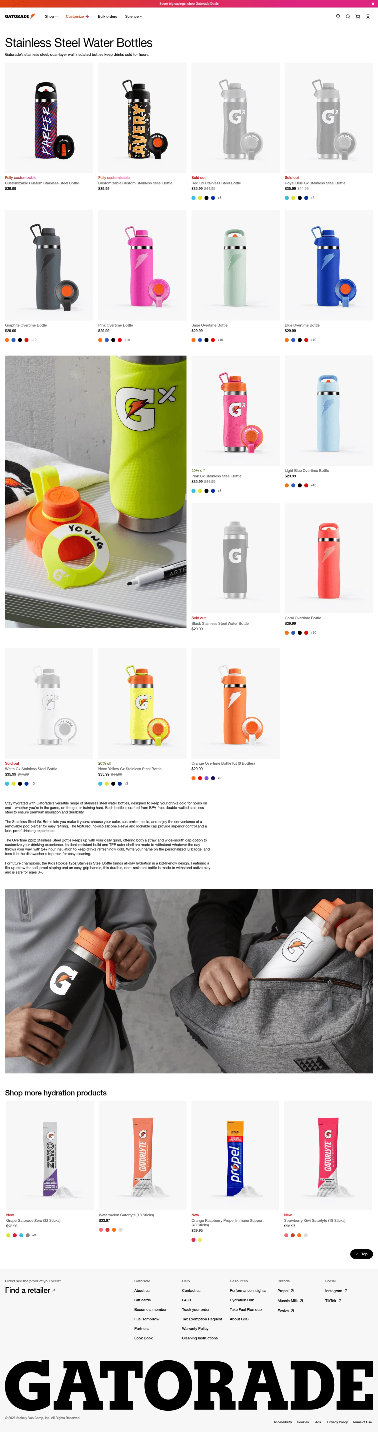 gatorade.com/stainless-steel-bottles on desktop, full screenshot