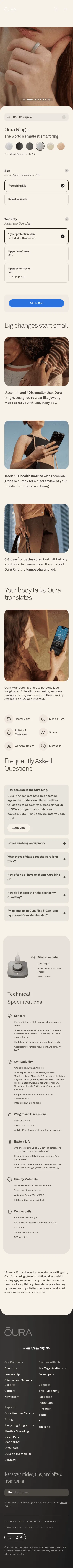 ouraring.com/store/rings/oura-ring-5/brushed-silver on mobile, full screenshot