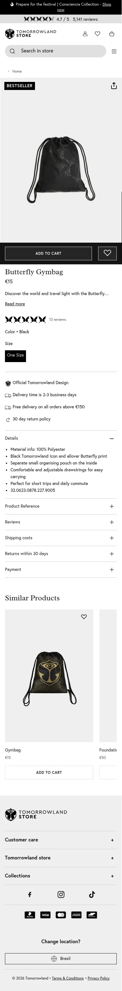 store.tomorrowland.com/products/gymbag-butterfly-black on mobile, full screenshot