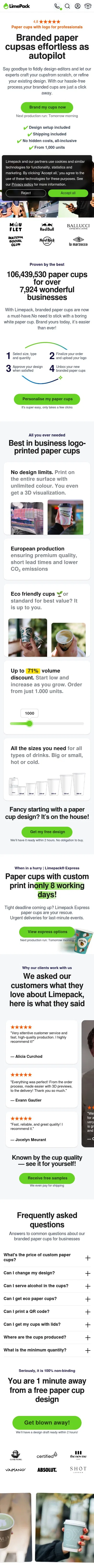 limepack.eu/content/63-branded-paper-cups on mobile, full screenshot