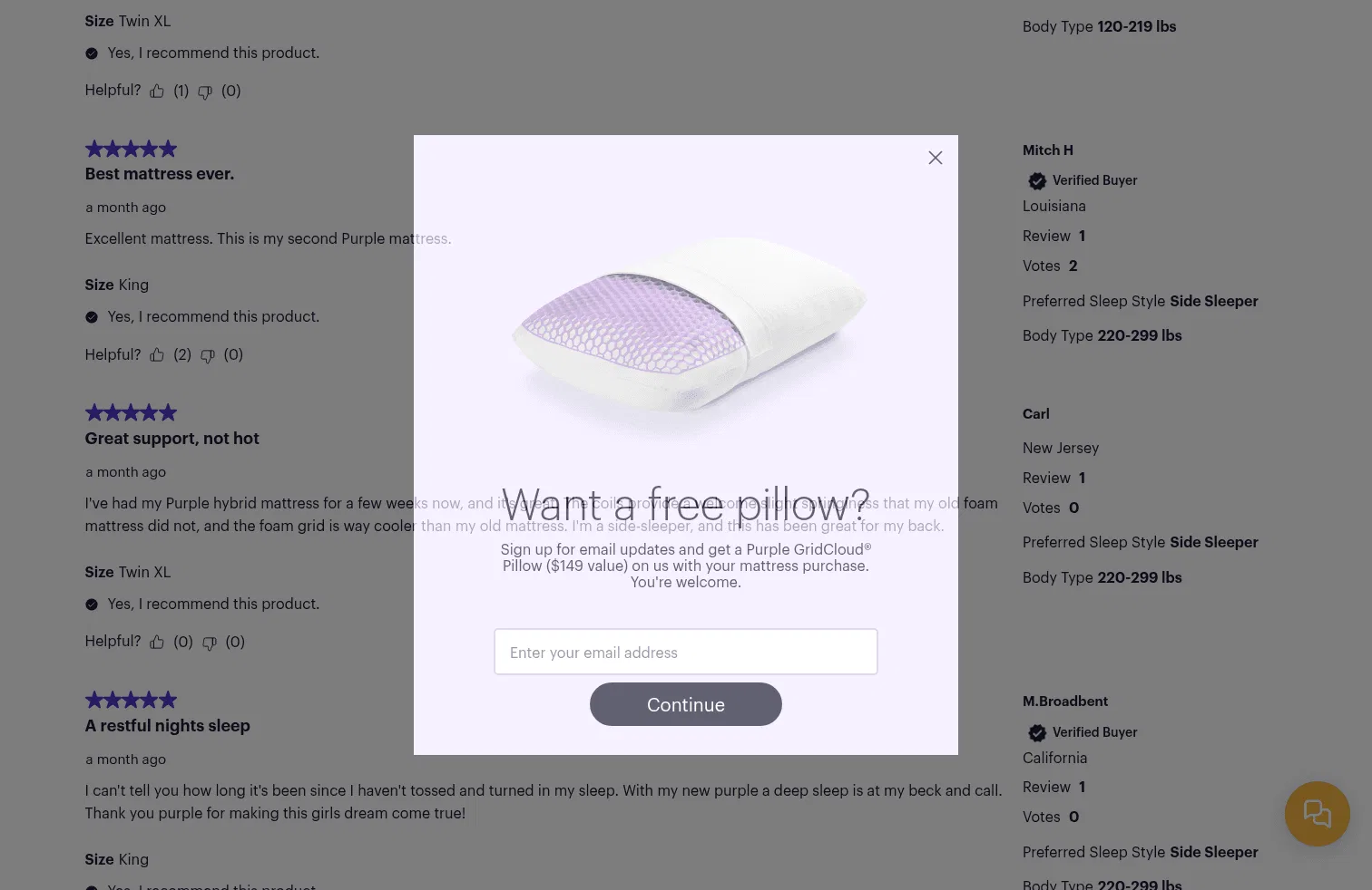 purple.com/mattresses/restore on desktop, full screenshot