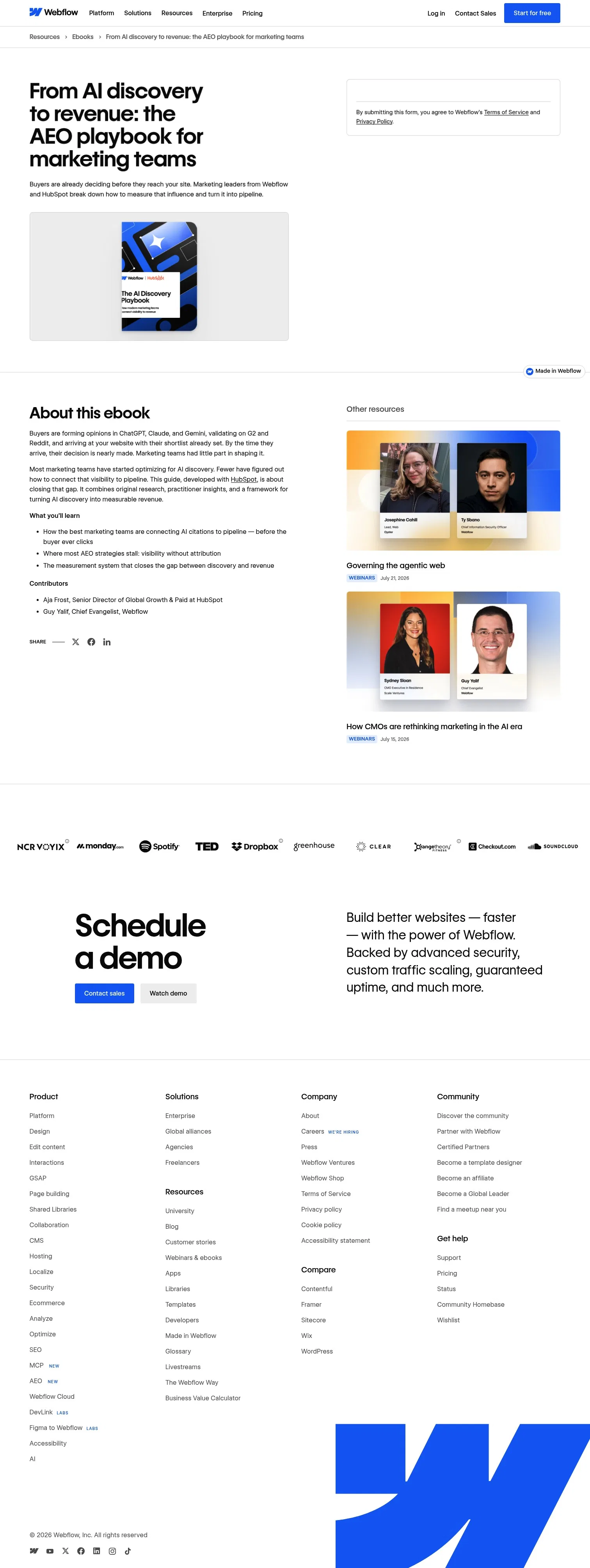 webflow.com/resources/ebooks/from-ai-discovery-to-revenue-the-aeo-playbook-for-marketing-teams on desktop, full screenshot