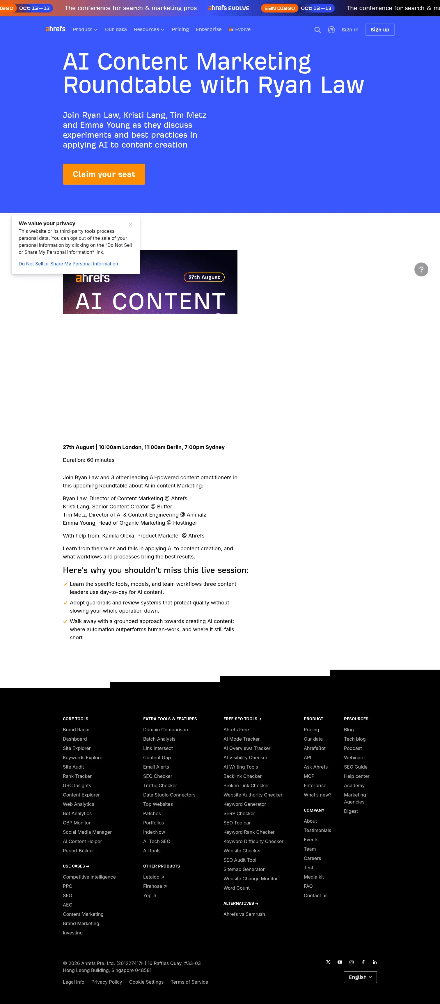 ahrefs.com/webinars/ai-content-roundtable on desktop