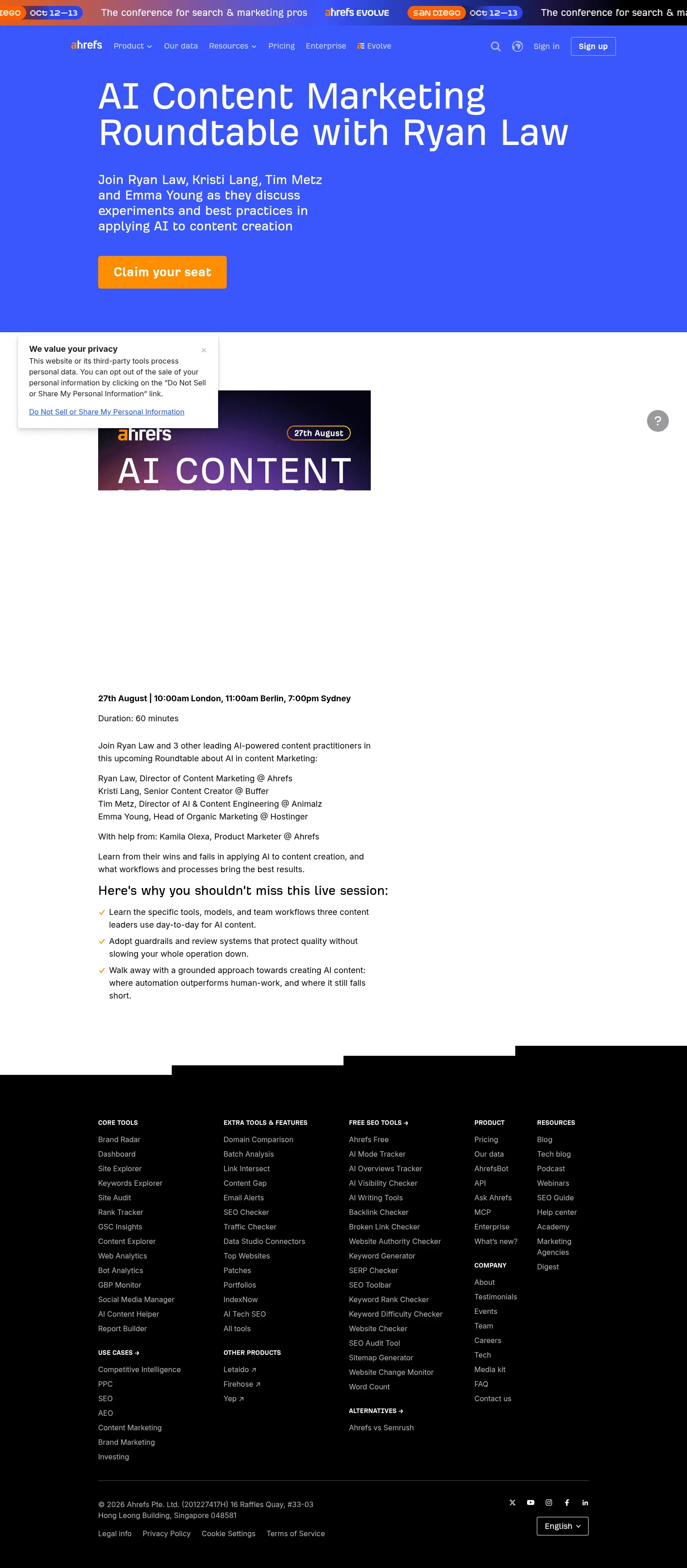 ahrefs.com/webinars/ai-content-roundtable on desktop, full screenshot