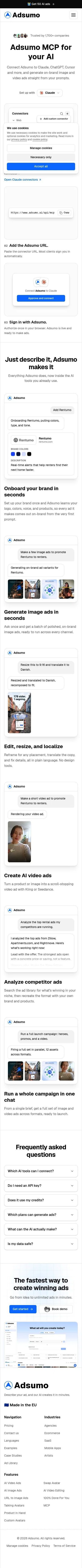 adsumo.ai/mcp on mobile, full screenshot
