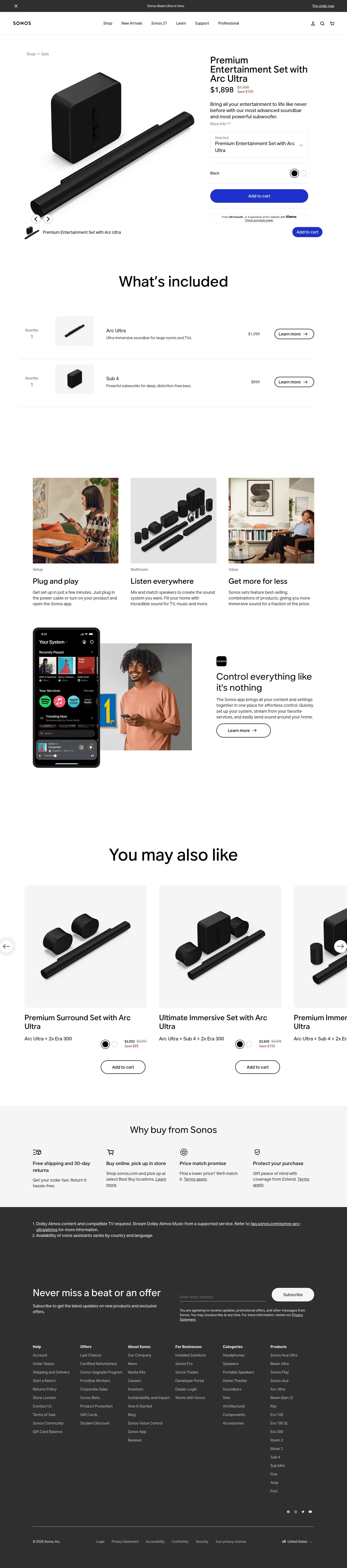 sonos.com/en-us/shop/entertainment-set-arc-ultra-sub-black on desktop, full screenshot