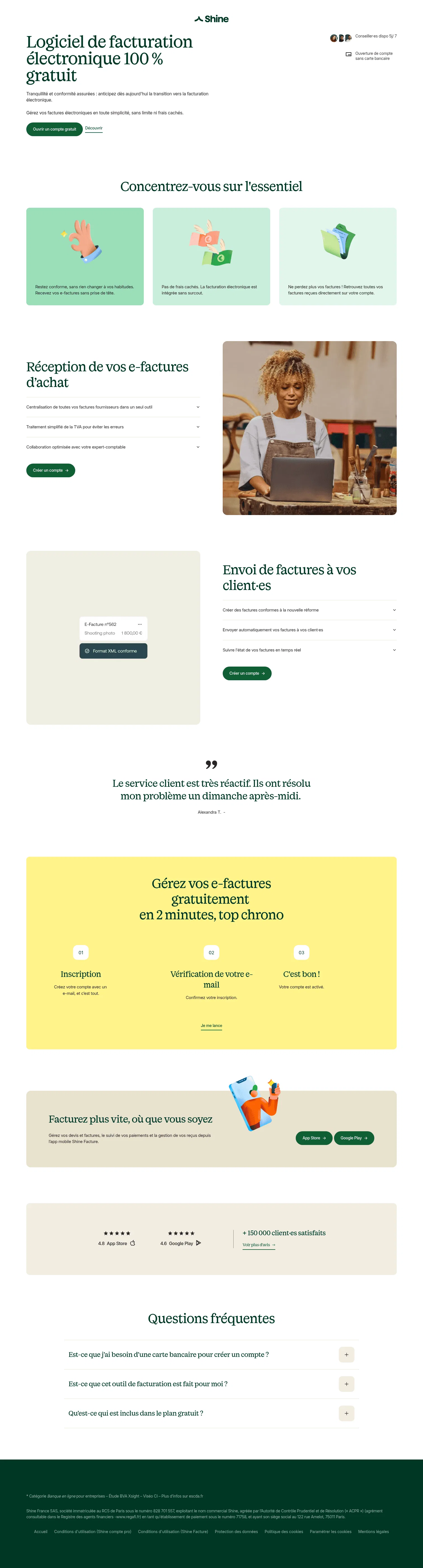 shine.fr/lp/outil-facturation-electronique-gratuit on desktop, full screenshot