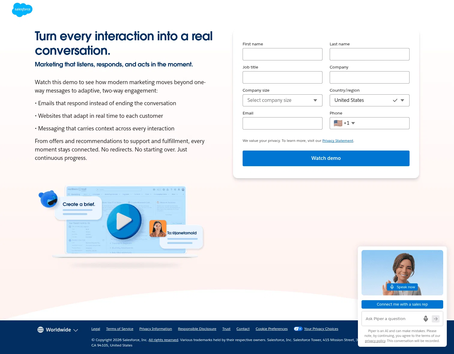 salesforce.com/marketing/demos/two-way-conversations on desktop, full screenshot