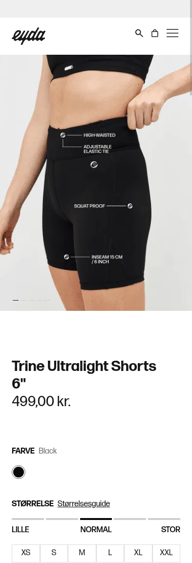 eyda.dk/products/trine-ultralight-shorts on mobile, full screenshot
