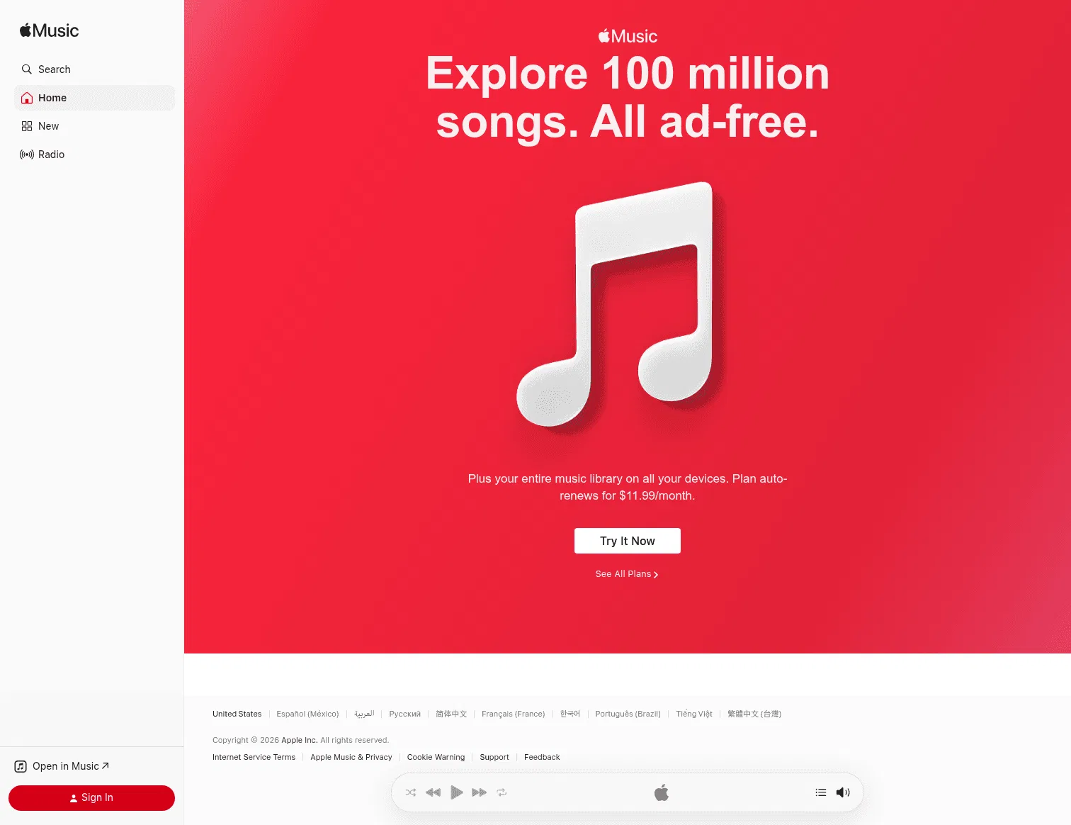 music.apple.com/us/home on desktop, full screenshot
