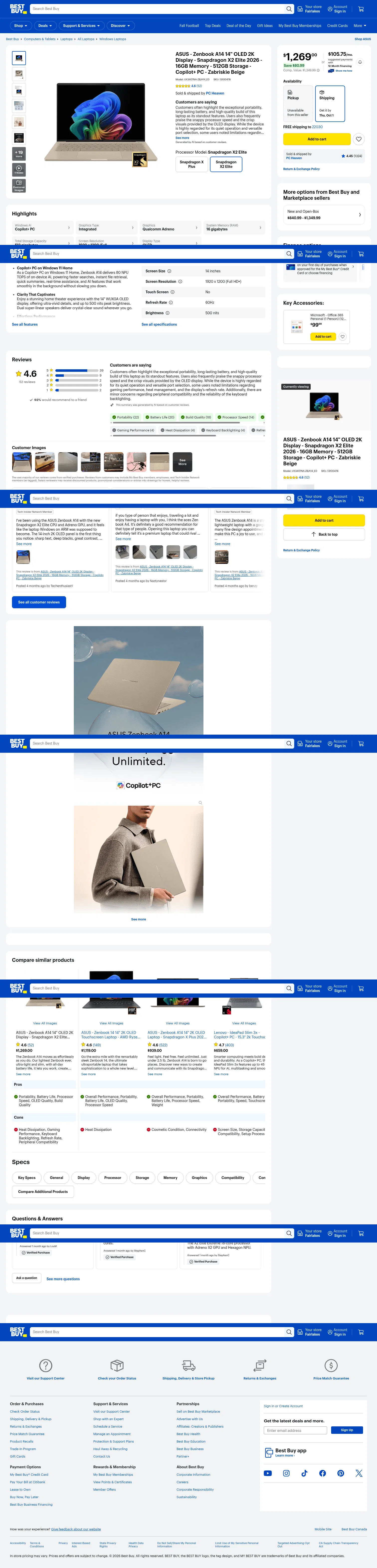 bestbuy.com/product/asus-zenbook-a14-14-oled-2k-display-copilot-pc-snapdragon-x2-elite-16gb-ram-512gb-ssd-zabriskie-beige/JJGHGSJZ3H on desktop, full screenshot