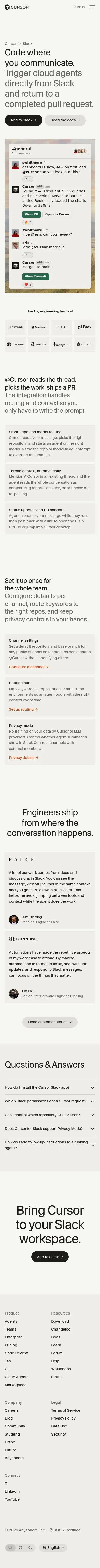 cursor.com/product/slack on mobile, full screenshot