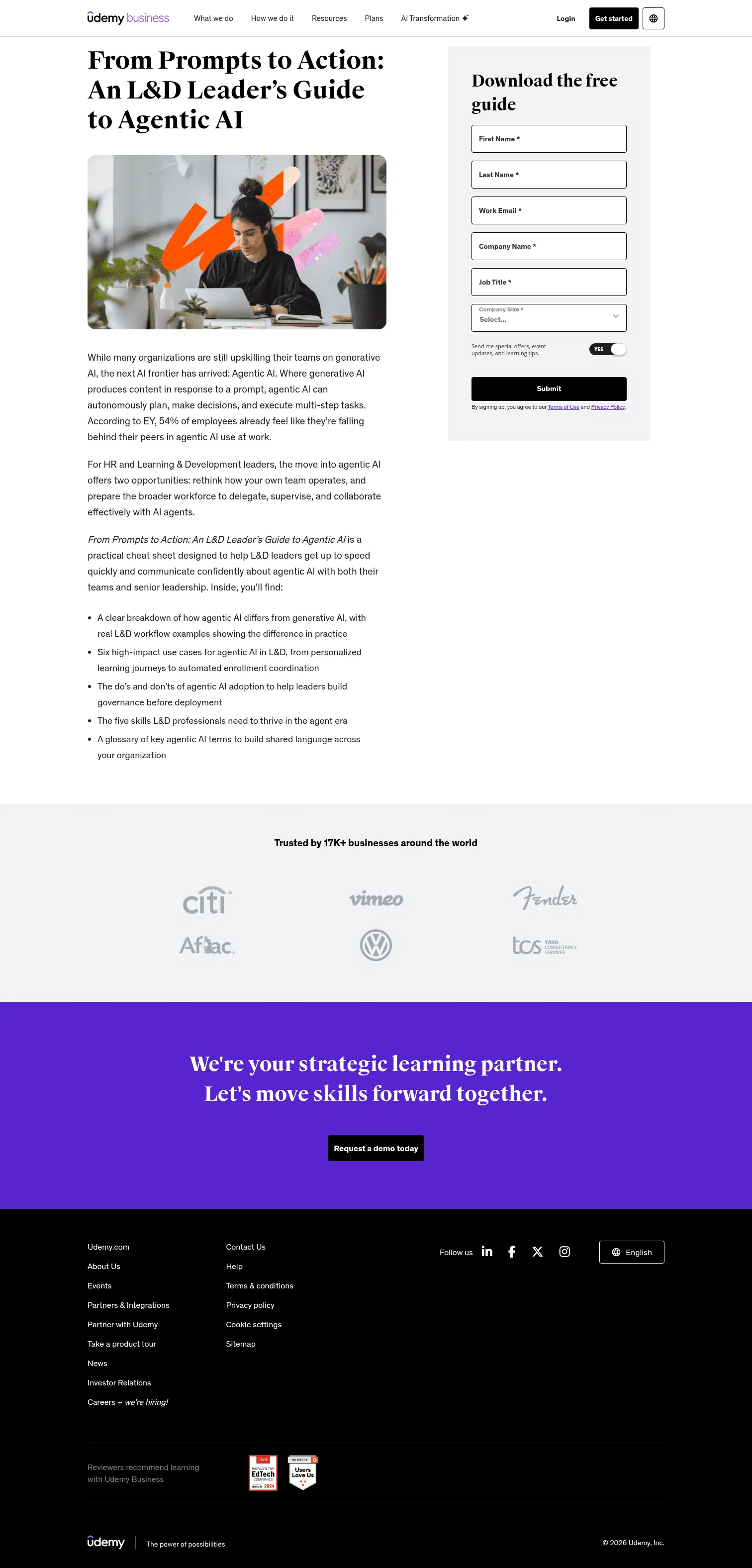business.udemy.com/resources/agentic-ai-learning-leader-cheat-sheet on desktop, full screenshot