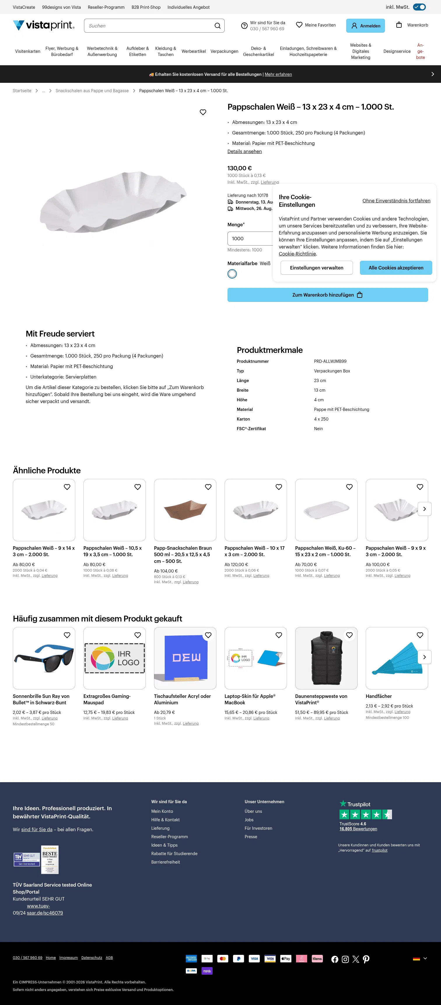 vistaprint.de/verpackungen/gastro-verpackungen/snackschalen-aus-pappe-und-bagasse/pappschalen-weiss-13-x-23-x-4-cm-1-000-st on desktop