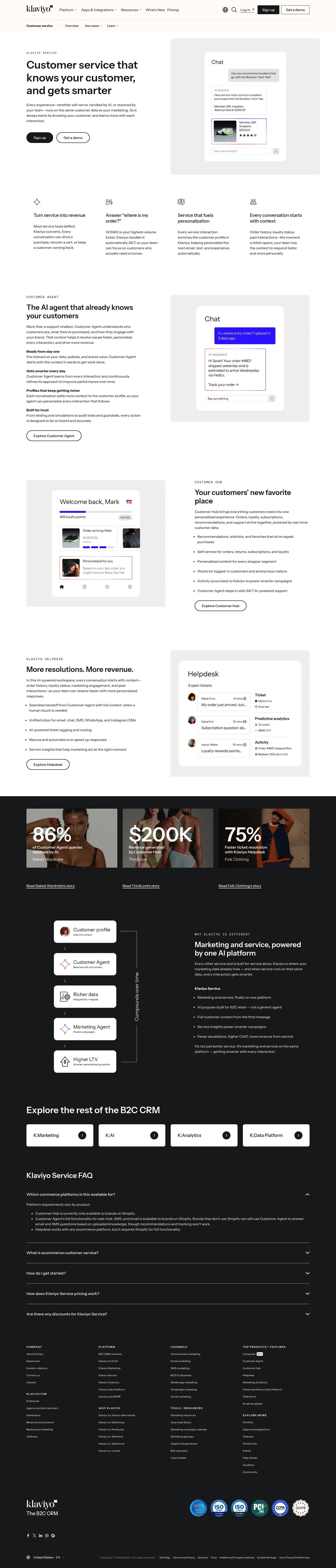 klaviyo.com/uk/solutions/customer-service on desktop, full screenshot