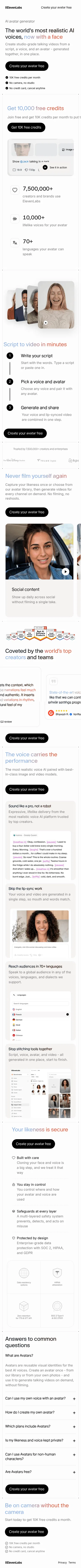 join.elevenlabs.io/avatars on mobile, full screenshot