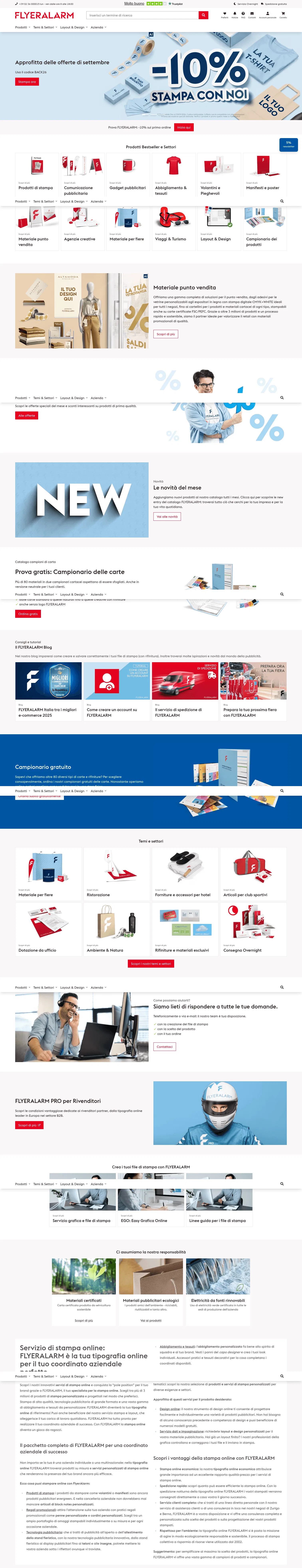 flyeralarm.com/it/c/sconti-del-20-su-gadget-e-abbigliamento on desktop, full screenshot
