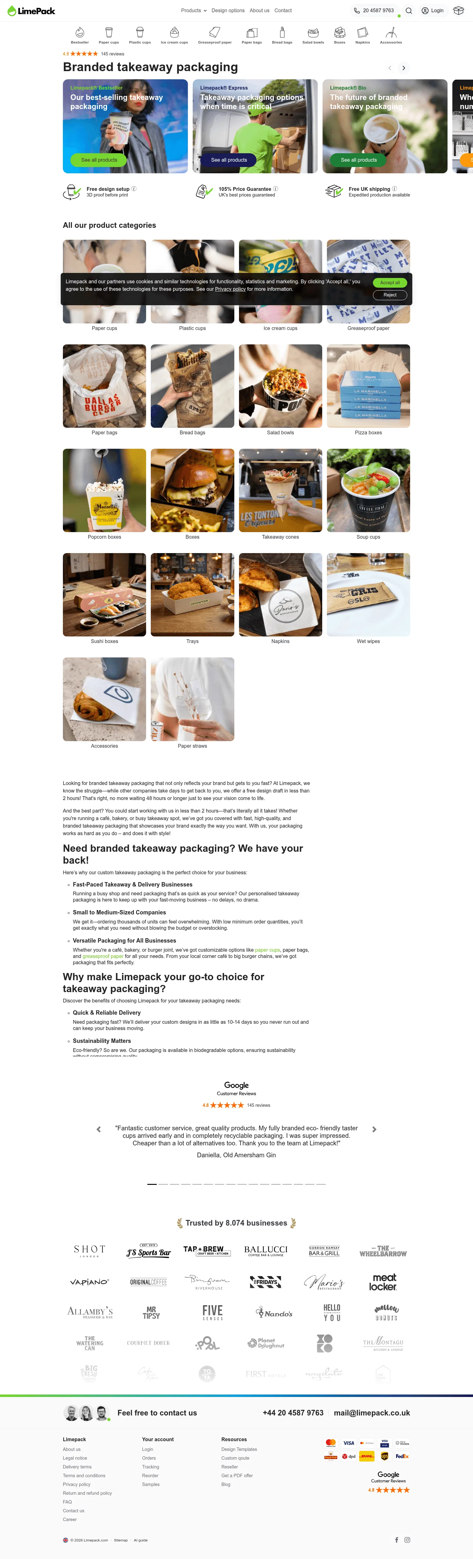 limepack.co.uk/branded-takeaway-packaging on desktop, full screenshot