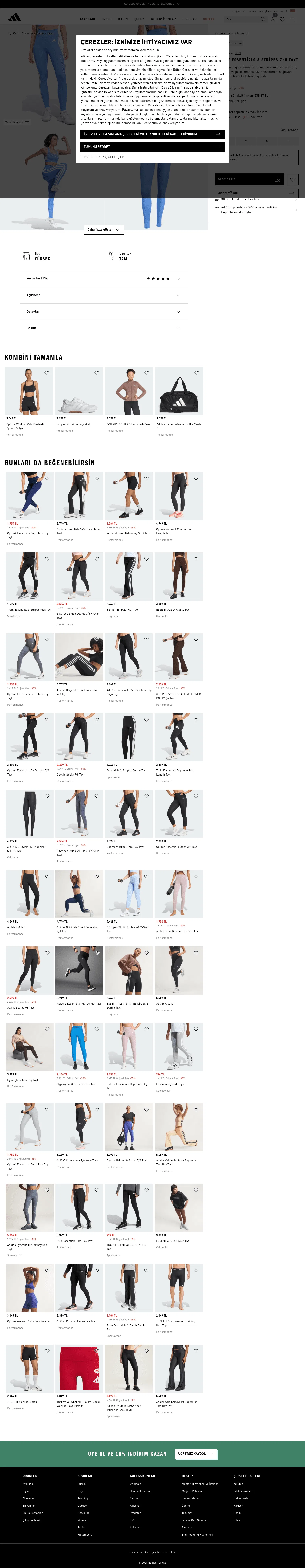 adidas.com.tr/tr/optime-essentials-3-stripes-7-8-tayt/JY2153.html on desktop, full screenshot