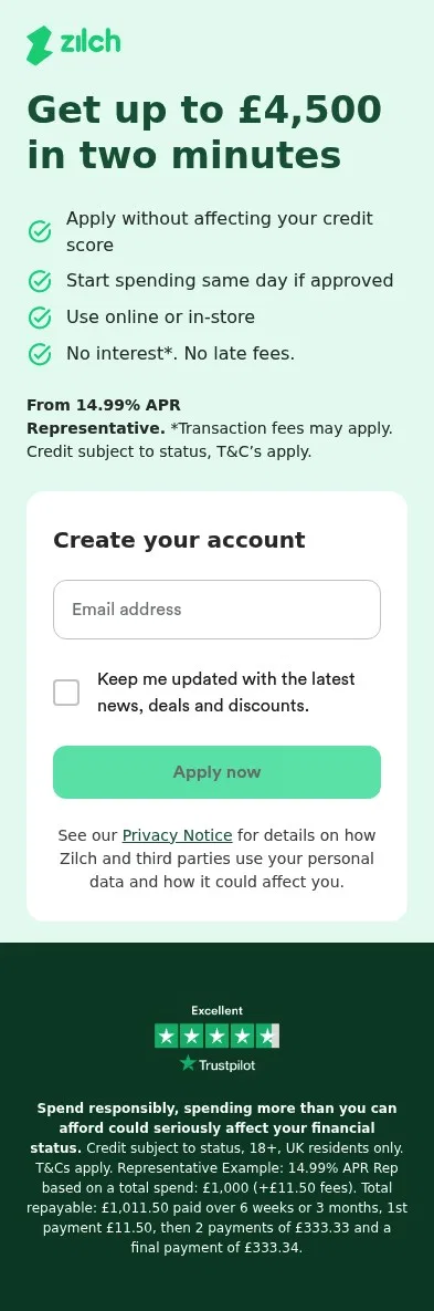 customers.payzilch.com/apply on mobile, full screenshot