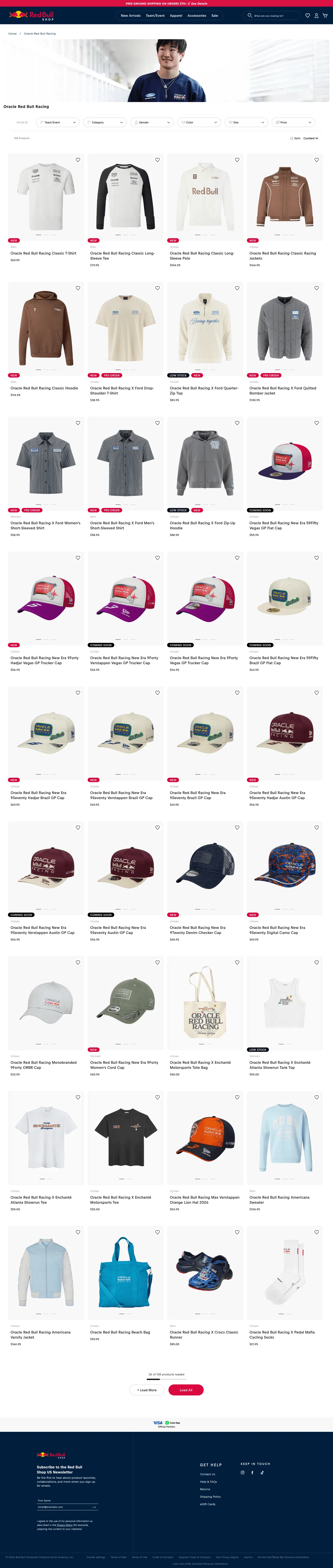 redbullshopus.com/collections/oracle-red-bull-racing on desktop, full screenshot