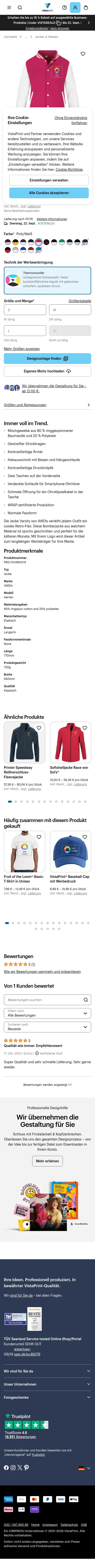 vistaprint.de/kleidung-taschen/jacken-westen/jacke-varsity-von-awdis on mobile, full screenshot