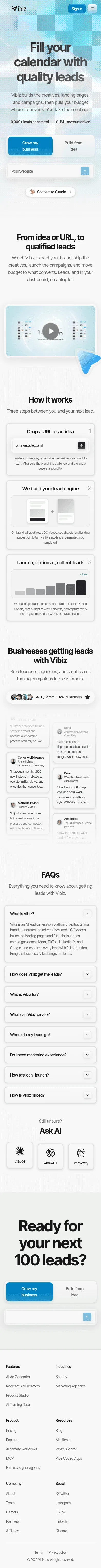 vibiz.ai on mobile, full screenshot