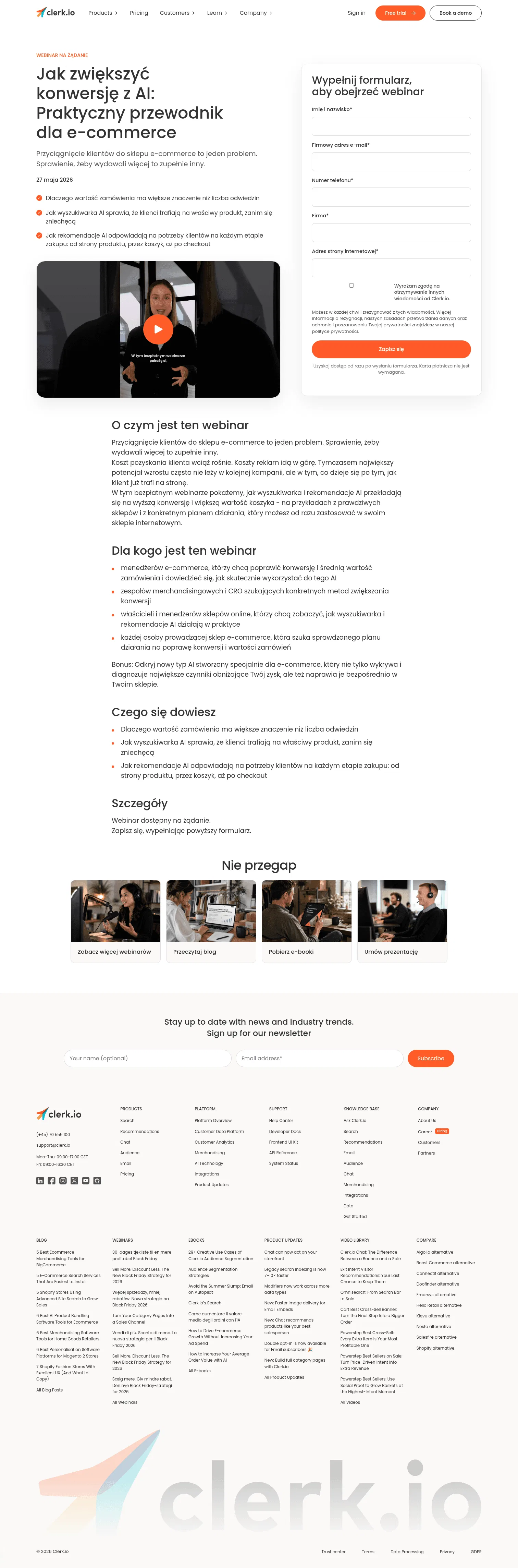 clerk.io/webinar/jak-zwiekszyc-konwersje-z-ai on desktop, full screenshot