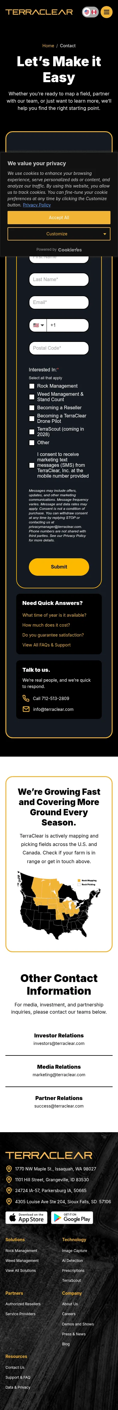 terraclear.com/contact on mobile, full screenshot