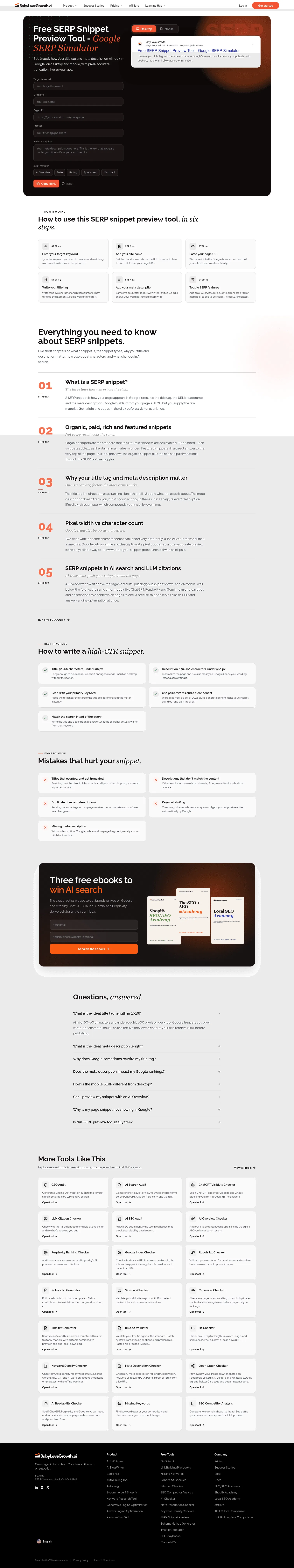 babylovegrowth.ai/en/free-tools/serp-snippet-preview on desktop, full screenshot
